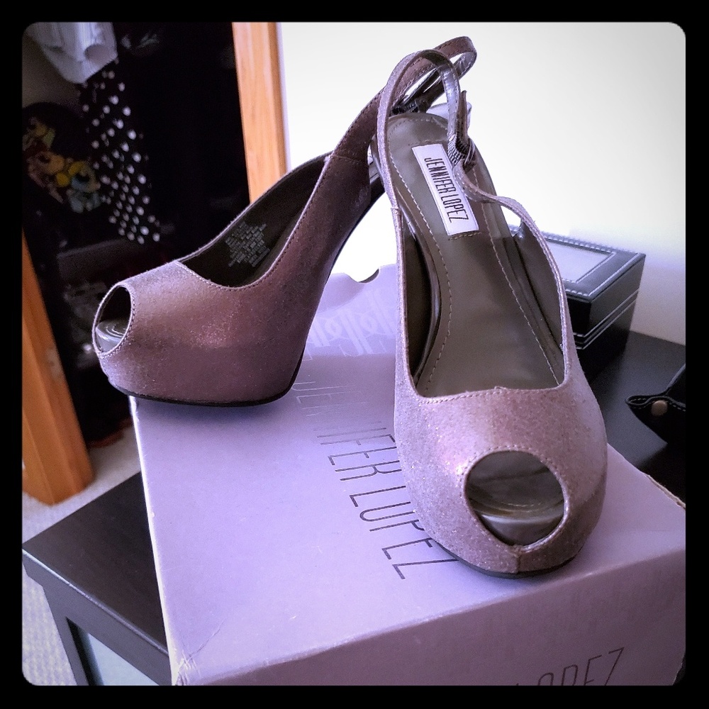 Silver peep toe heels